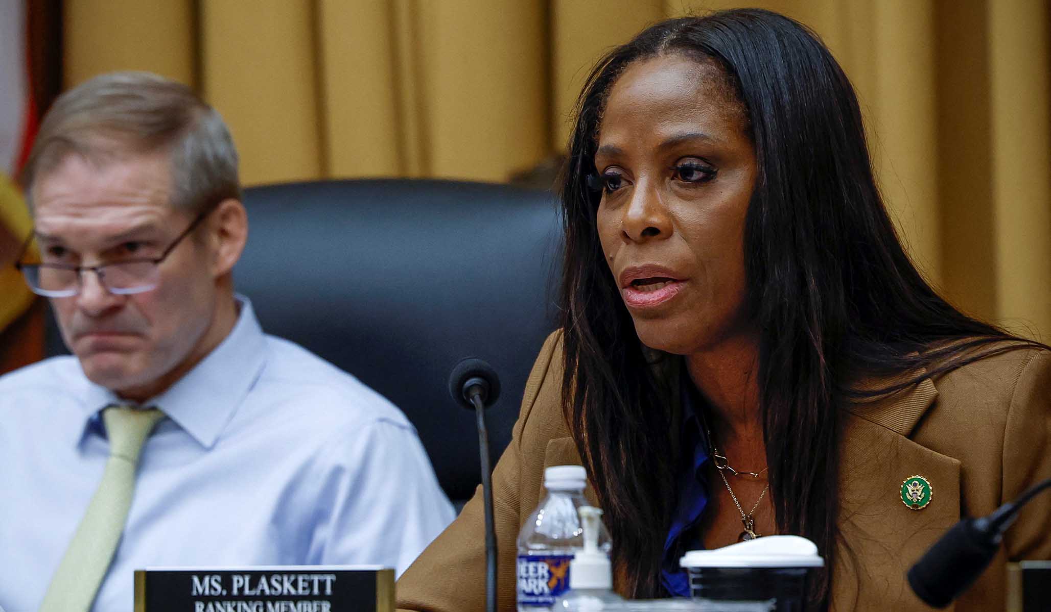 Rep. Stacey Plaskett (D., Virgin Islands) questions a witness while Rep. Jim Jordan (R., Ohio) looks on, on Capitol Hill in Washington, D.C., February 9, 2023.(Evelyn Hockstein/Reuters)