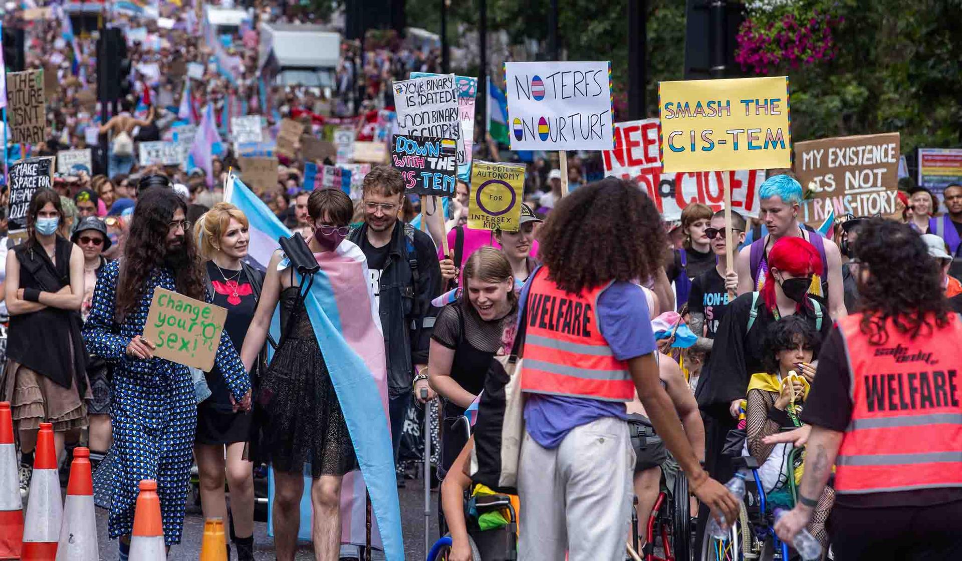 Thousands of people take part in a Trans+ Pride march in London, July 8, 2023.
